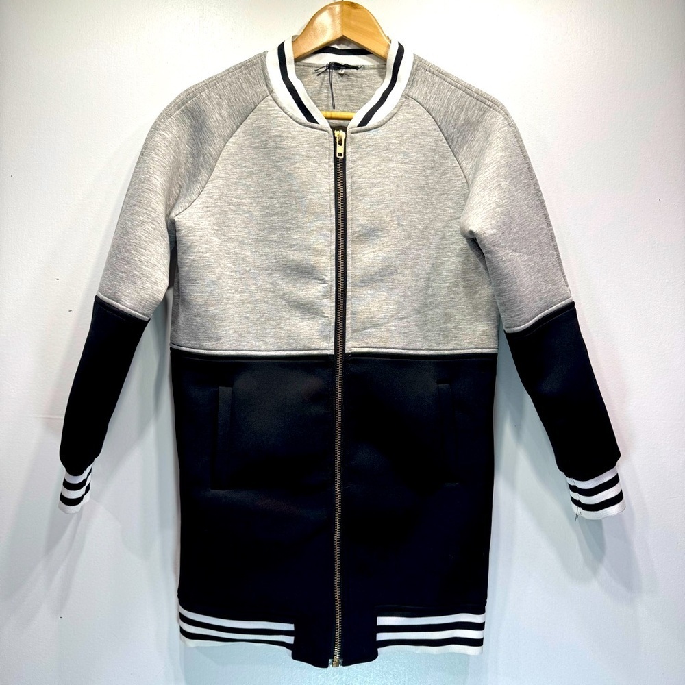 SJ Style Boutique Brand Gray & Black Ringer Trim Zip Front Varsity Jacket Size S